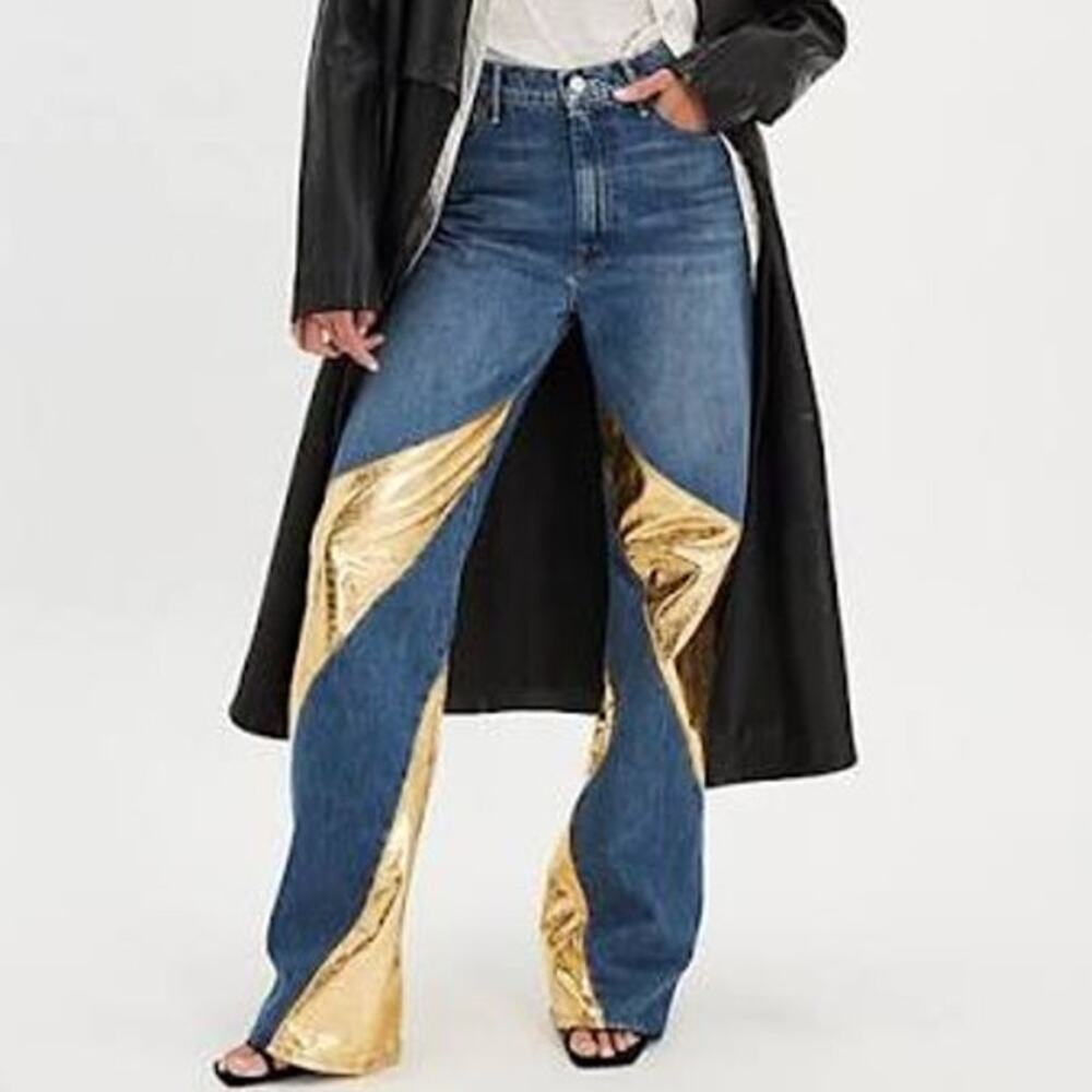 NWT MOTHER The Spiral Saloon Heel Jeans Metallic Gold size 2/26
